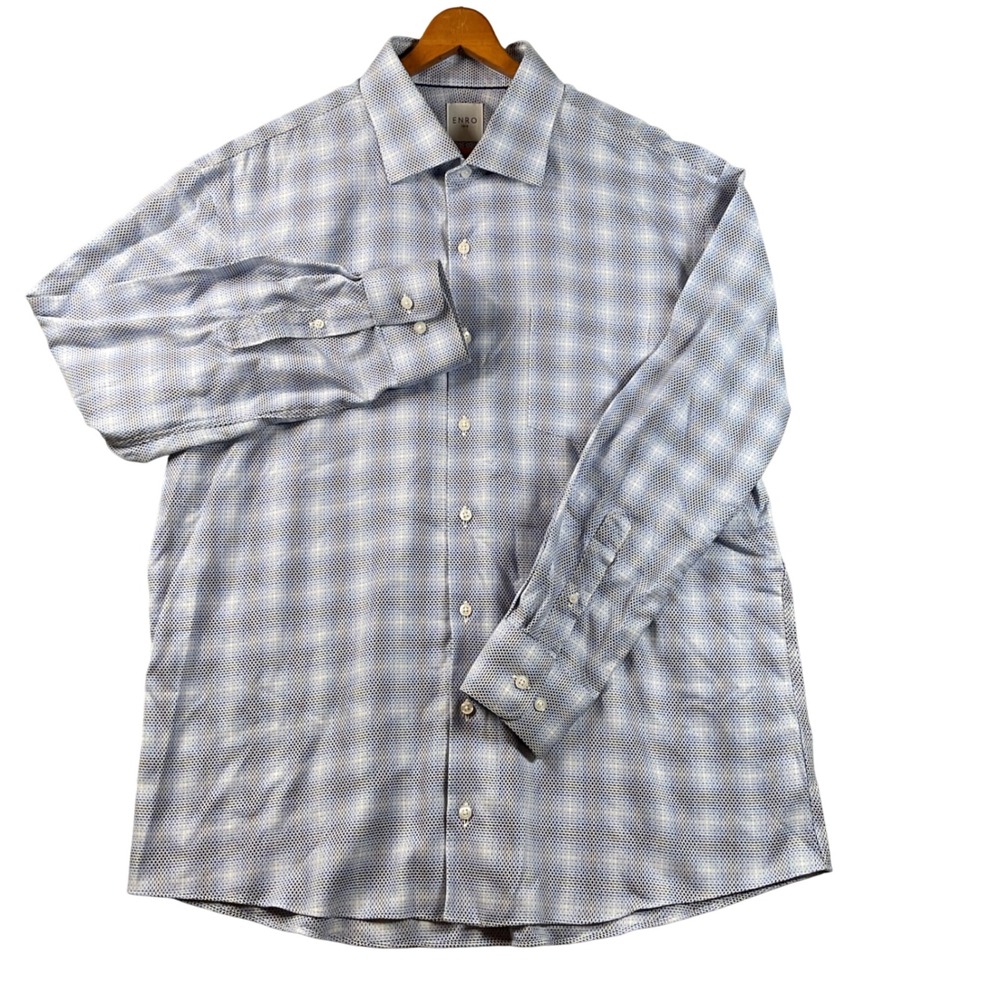 Enro Button Down Shirt Mens XL 17.5 34/35 Blue White Plaid no-Iron Long Sleeve